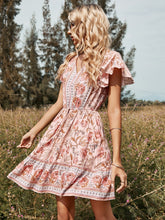 Lace-up pink floral lotus leaf short-sleeved v-neck dress Sai Feel